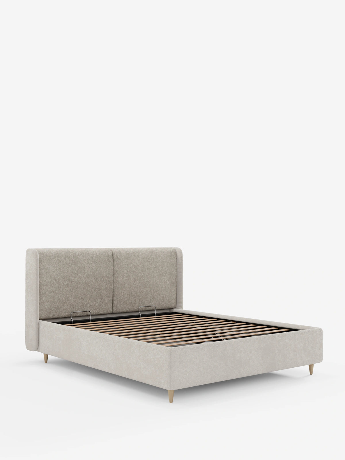 VALKIRIA: letto imbottito bicolore con contenitore - cuscini dello schienale e testiera curva avvolgente, con base in tessuto beige chiaro, testiera curva con due cuscini beige più scuri, rete a doghe in legno e gambe coniche di colore chiaro.