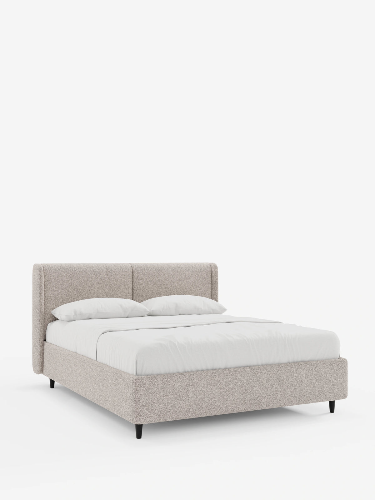 Il letto di design VALKIRIA con contenitore e testiera avvolgente è un letto matrimoniale contemporaneo realizzato in tessuto testurizzato beige chiaro, caratterizzato da una testiera alta e avvolgente, biancheria da letto bianca e gambe corte, scure e affusolate.