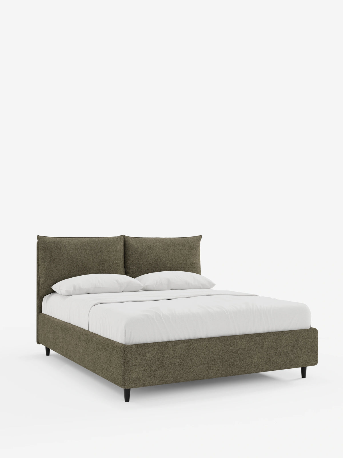 Il letto imbottito ZAYRON con contenitore e morbidi cuscini regolabili presenta una testiera alta con cuscini integrati in tessuto testurizzato grigio-oliva, rivestito con biancheria da letto bianca su uno sfondo a tinta unita, per un’estetica pulita e moderna.