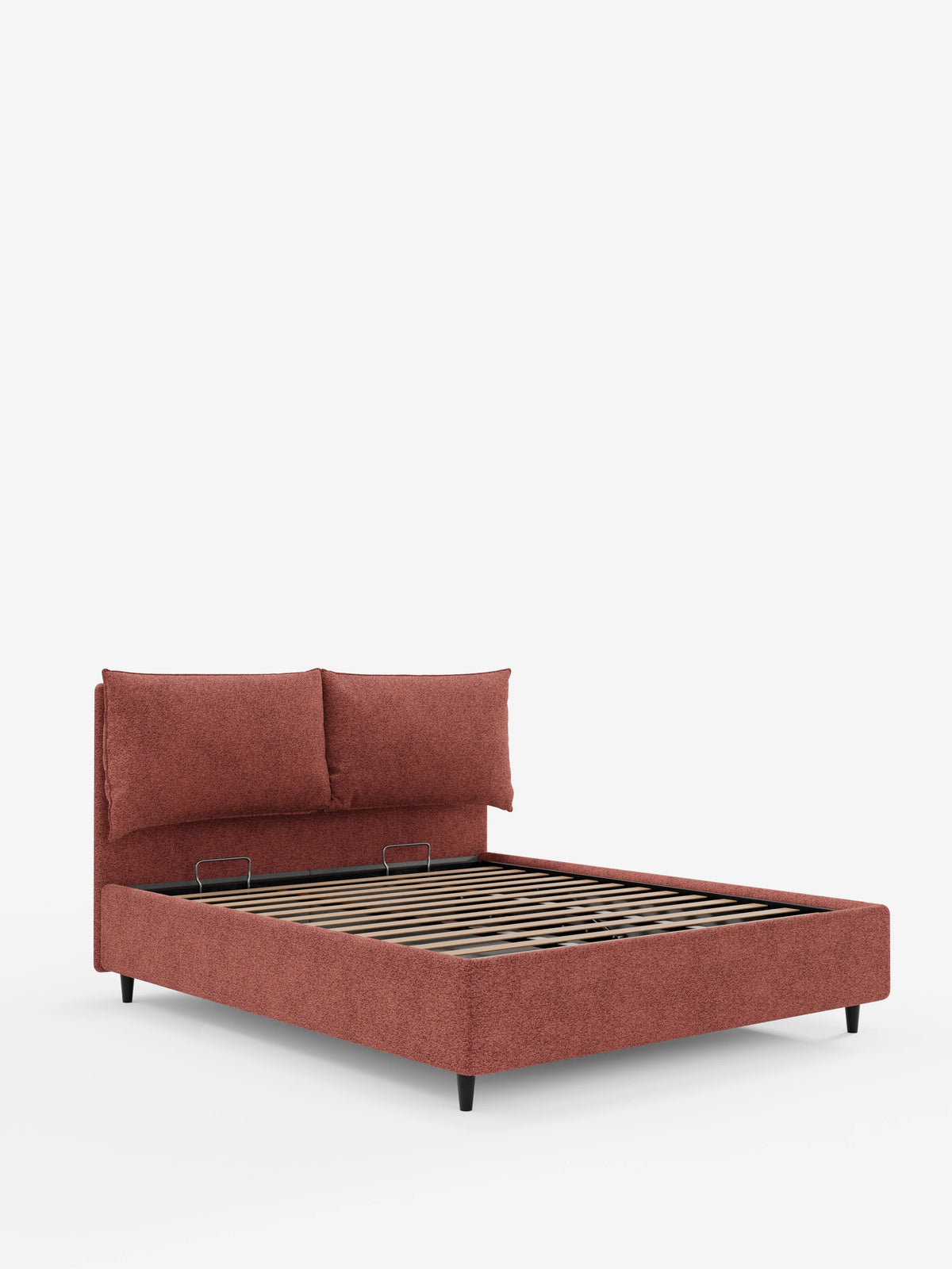 ZAYRON: letto imbottito con contenitore e morbidi cuscini regolabili, rivestito in tessuto effetto terracotta, caratterizzato da uno sfondo bianco, cuscini regolabili e una rete a doghe a vista.
