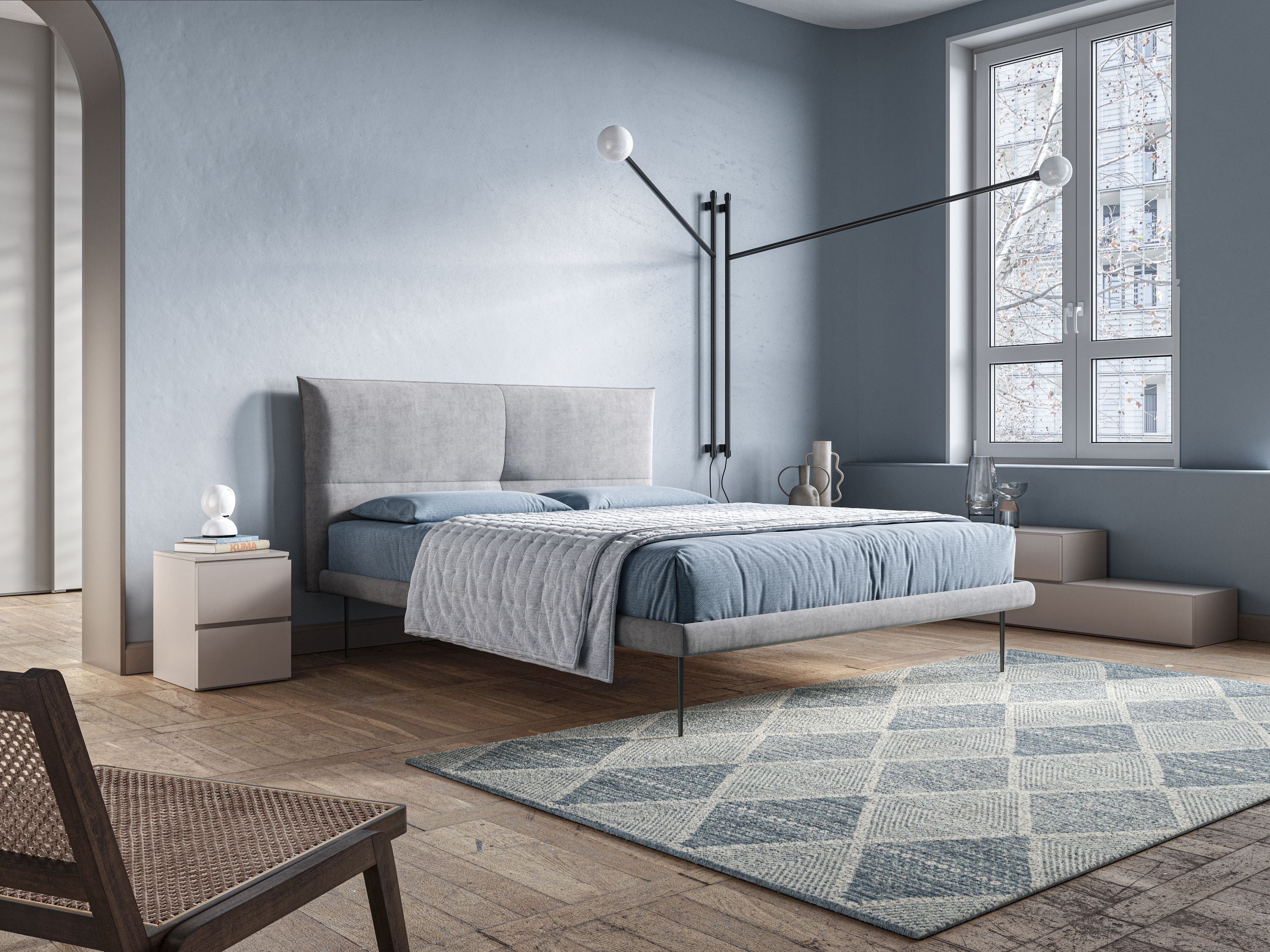 Akiko letto imbottito con piedi alti in metallo in tessuto impermeabile T02 grigio chiaro - divitt.sbs
