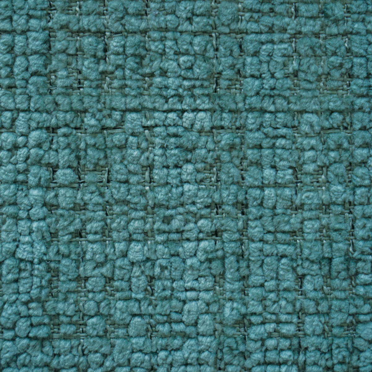 Un primo piano del tessuto da rivestimento Personalizzazione in T28 RIVER, color verde acqua, caratterizzato da un motivo a griglia composto da spessi anelli di filato ruvido su uno sfondo più scuro a trama piatta.