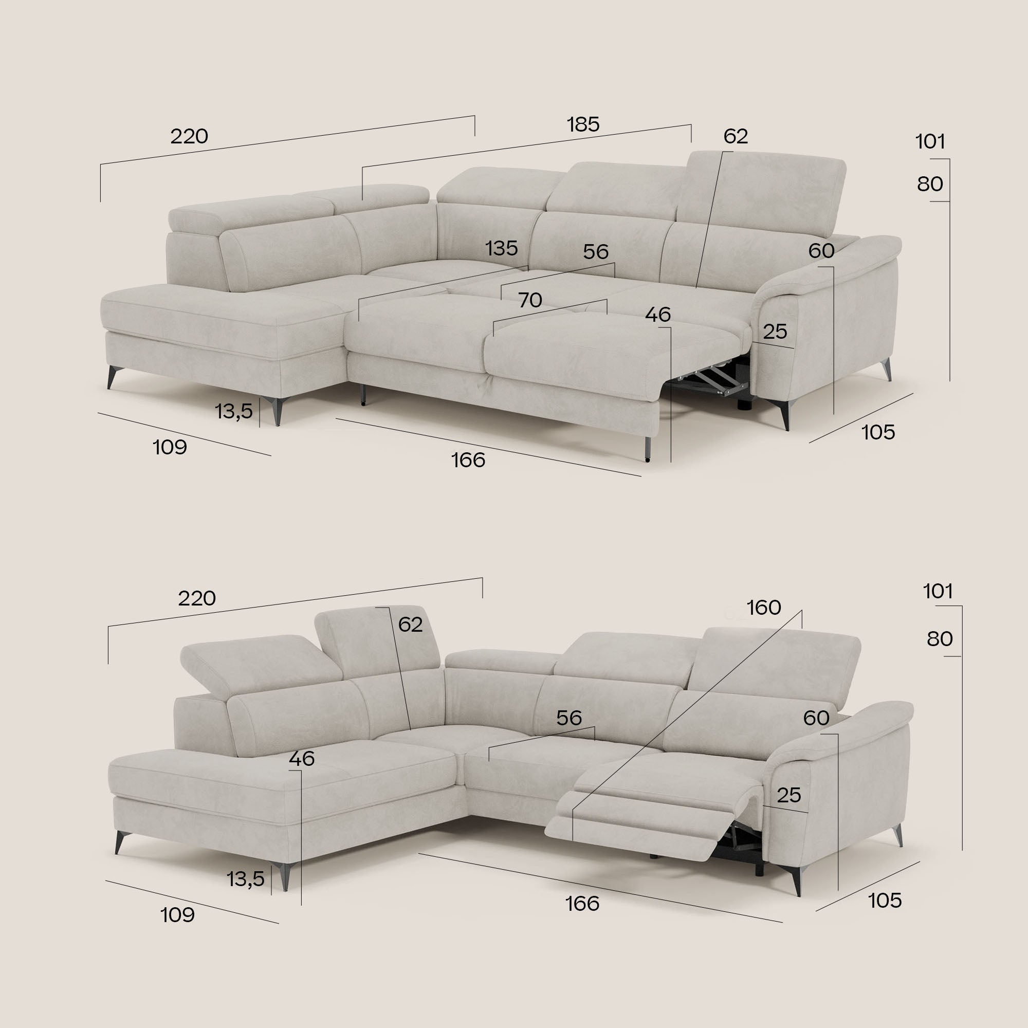 Arcos Divano angolare - piedini alti e poggiatesta reclinabili in microfibra impermeabile T11 beige - divitt.sbs