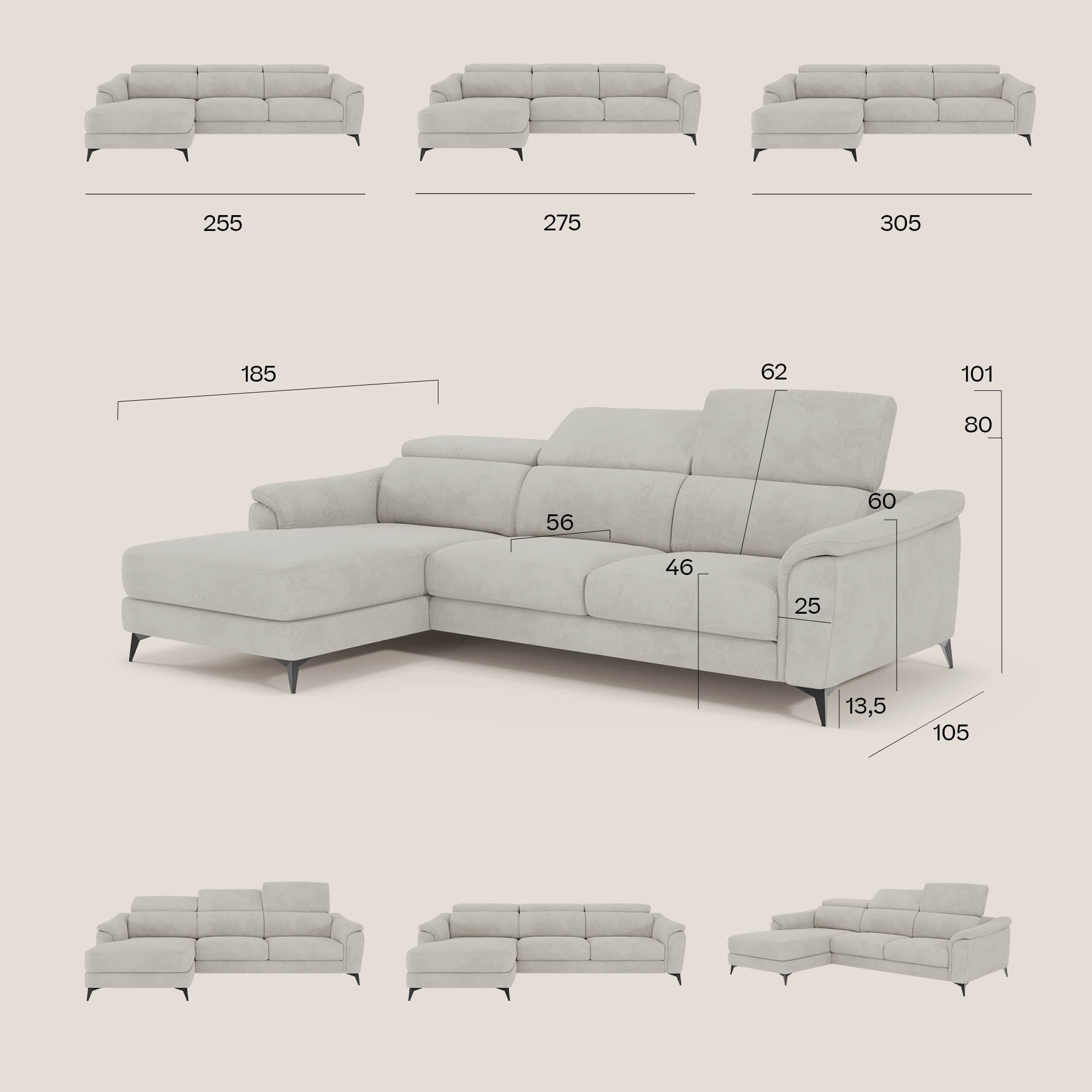 Arcos Divano con penisola - piedini alti e poggiatesta reclinabili in microfibra impermeabile T11 beige - divitt.sbs