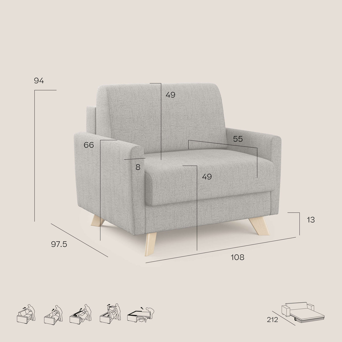 Edgar poltrona letto in tessuto felis impermeabile T03 beige - divitt.sbs
