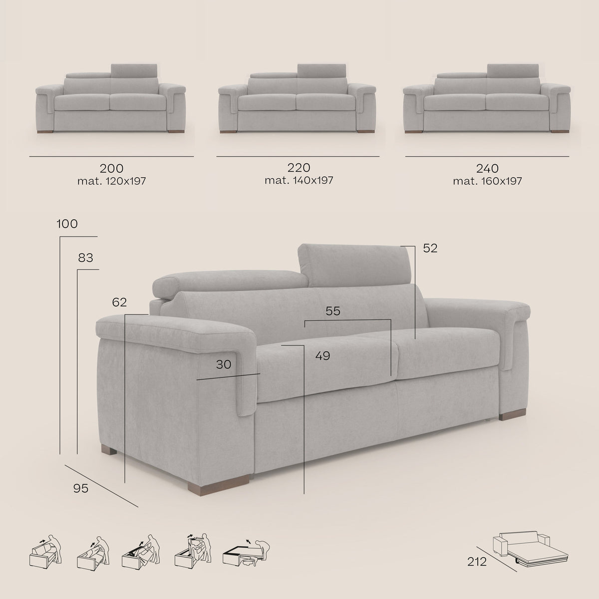 Giunone divano letto con materasso alto 18 cm e poggiatesta reclinabili in tessuto impermeabile T02 azzurro - divitt.sbs