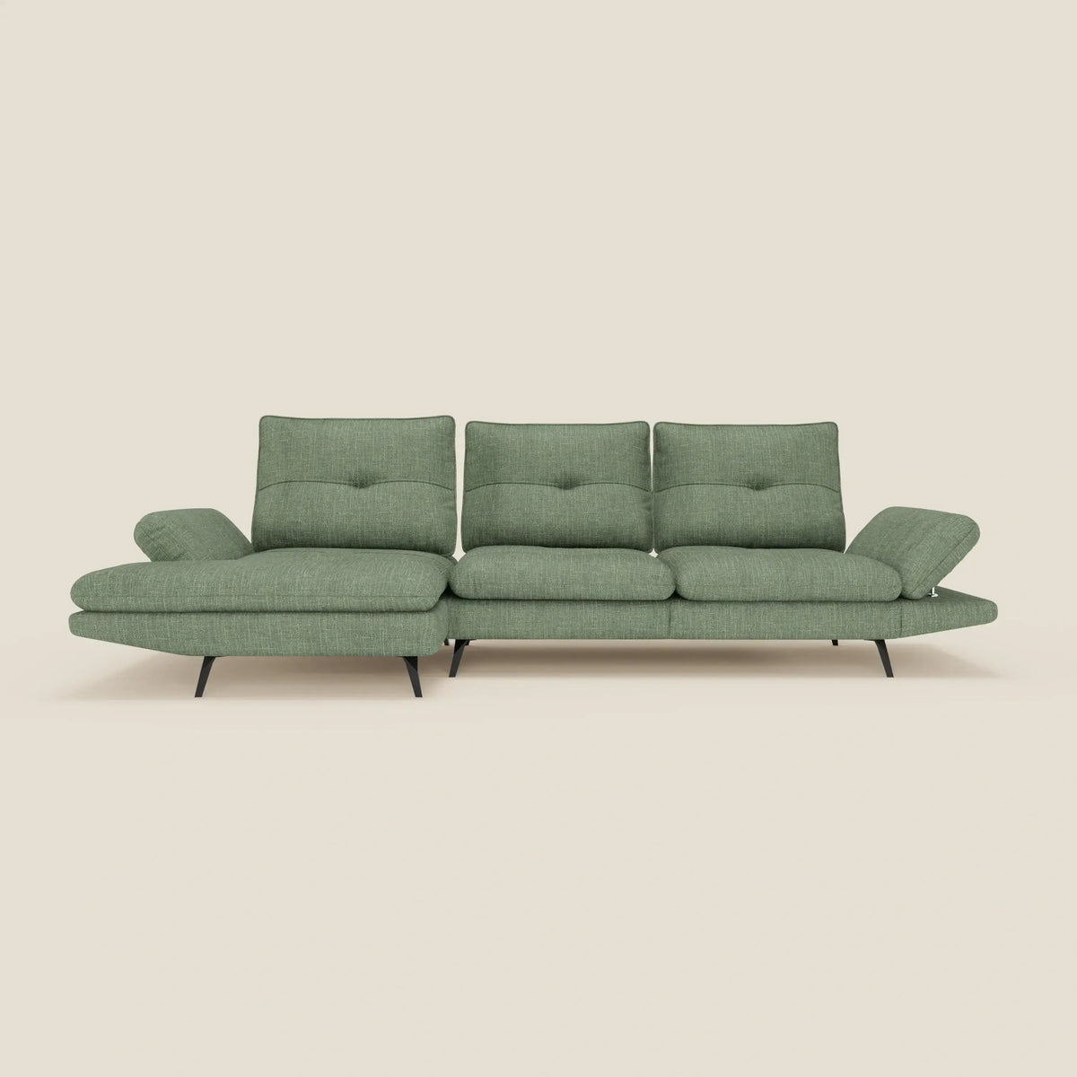 Ardex Divano con penisola - schienali traslanti e braccioli regolabili in elegante tessuto impermeabile T06 verde - divitt.sbs