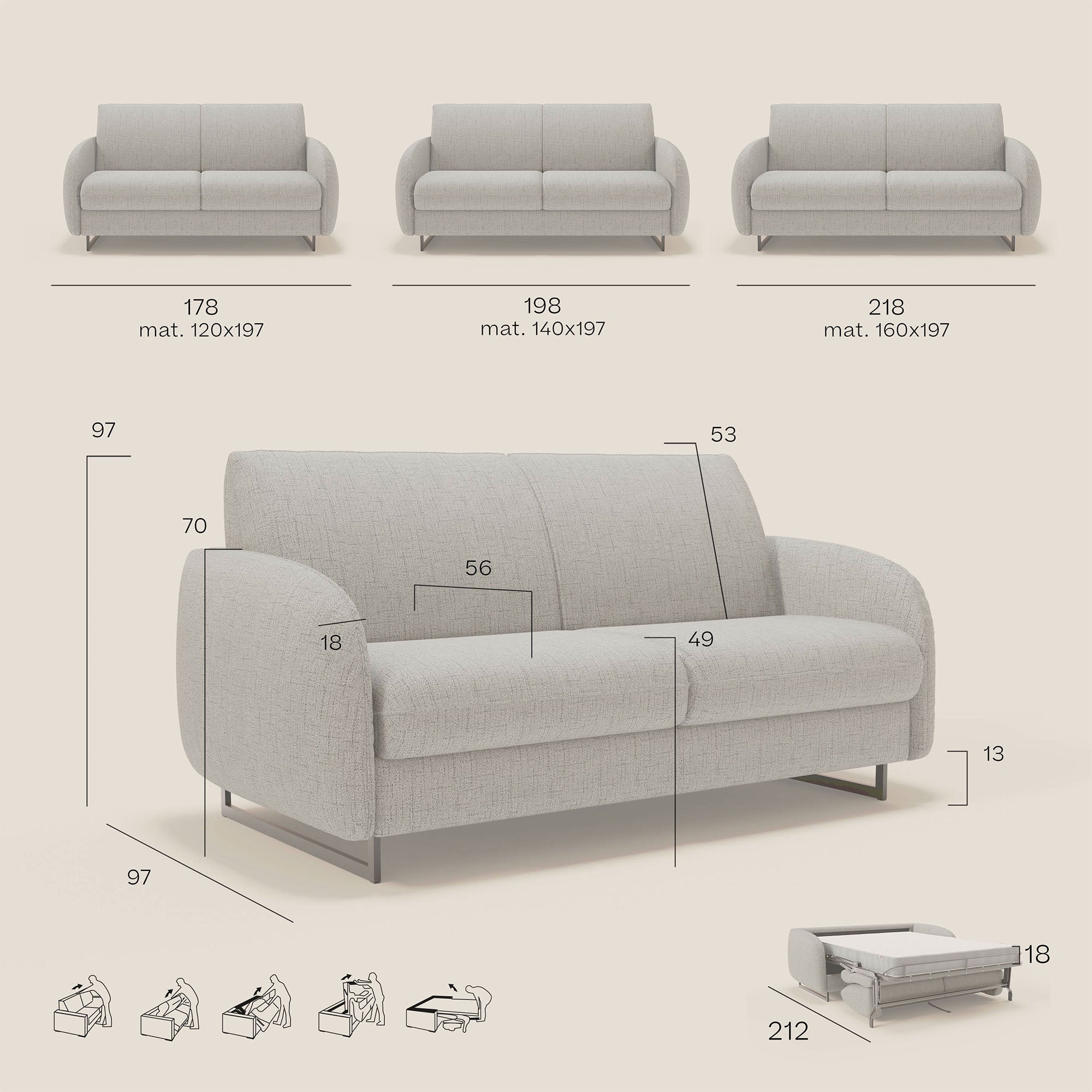 Ninfea divano letto Design Morbido con Piedini alti in Metallo e Materasso H18 cm in tessuto impermeabile T03 - divitt.sbs