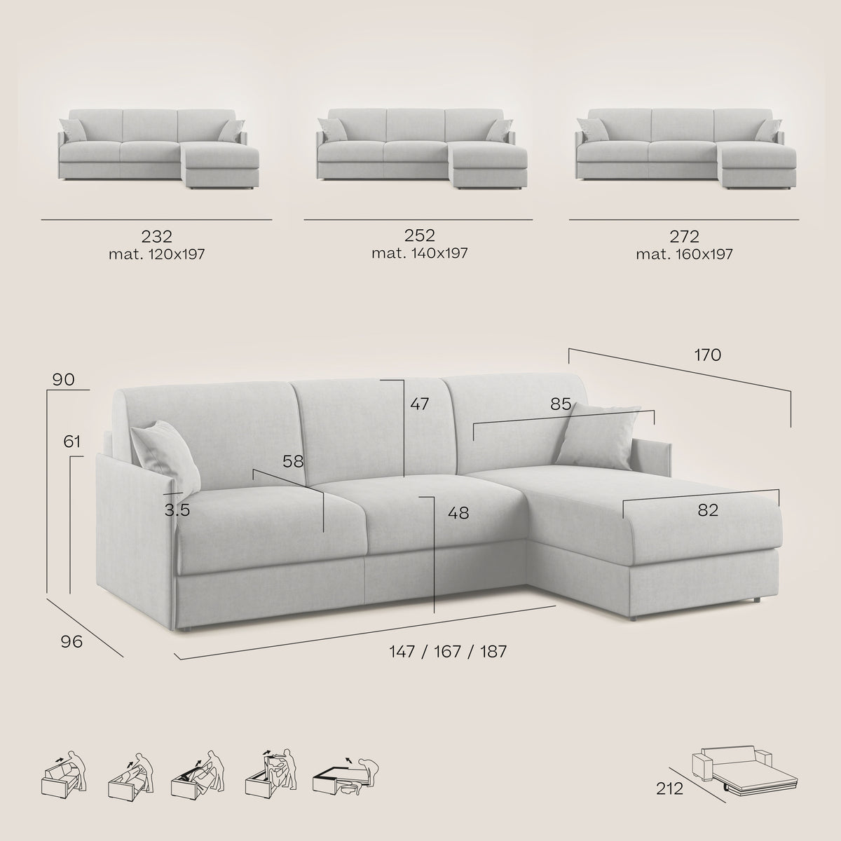 Evans Divano letto angolare con penisola in morbido tessuto impermeabile T02 - divitt.sbs